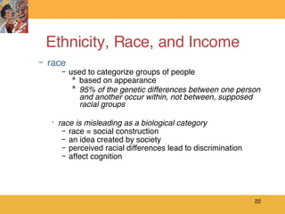 Ethnicity, Race, and Income race used to categorize groups of people  based on appearance 95% of the genetic differences between one person and another occur within, not between, supposed racial groups race is misleading as a biological category race = social construction an idea created by society perceived racial differences lead to discrimination  affect cognition 