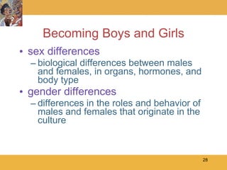 Becoming Boys and Girls sex differences biological differences between males and females, in organs, hormones, and body type gender differences differences in the roles and behavior of males and females that originate in the culture 