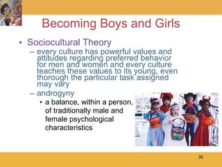 Becoming Boys and Girls Sociocultural Theory every culture has powerful values and attitudes regarding preferred behavior for men and women and every culture teaches these values to its young, even thorough the particular task assigned may vary androgyny a balance, within a person,  of traditionally male and  female psychological characteristics 