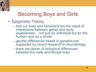 Becoming Boys and Girls Epigenetic Theory that our traits and behaviors are the result of interactions between genes and early experiences… not just for individual but for the human race as a whole gender differences based in genetics are supported by recent research in neurobiology there are dozen of biological differences between the male and female brain 