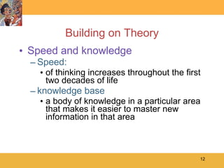 Building on Theory Speed and knowledge Speed:  of thinking increases throughout the first two decades of life knowledge base a body of knowledge in a particular area that makes it easier to master new information in that area 