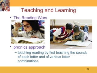 Teaching and Learning The Reading Wars phonics approach teaching reading by first teaching the sounds of each letter and of various letter combinations 