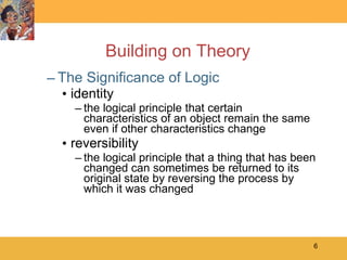 Building on Theory The Significance of Logic identity the logical principle that certain characteristics of an object remain the same even if other characteristics change reversibility the logical principle that a thing that has been changed can sometimes be returned to its original state by reversing the process by which it was changed 