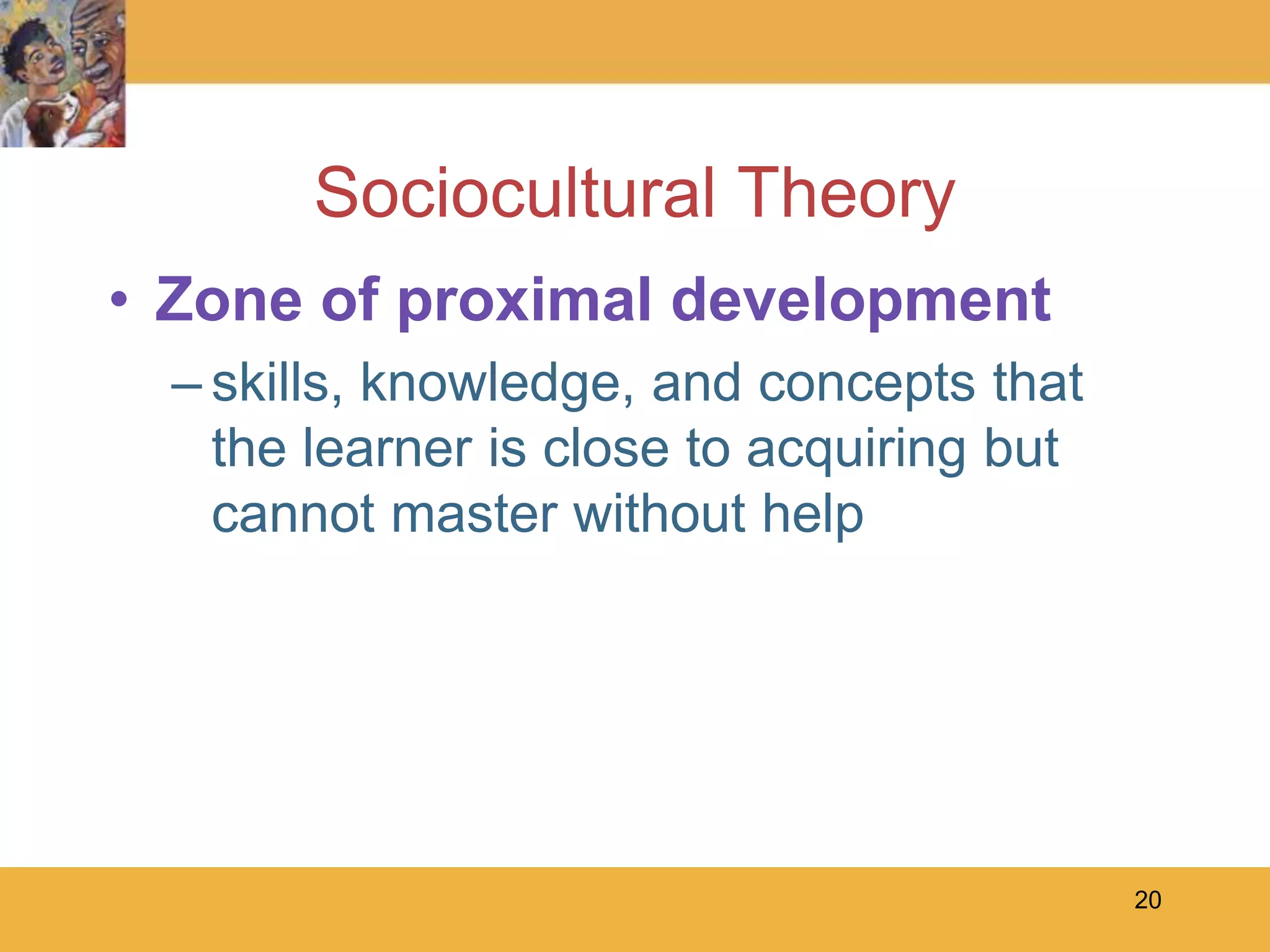 20Sociocultural TheoryZone of proximal developmentskills, knowledge, and concepts that the learner is close to acquiring but cannot master without help