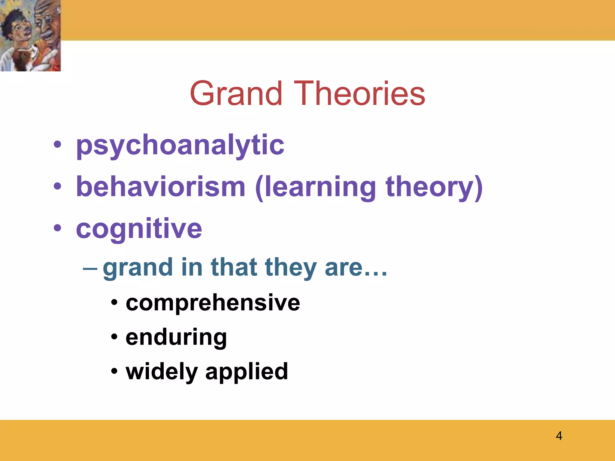 4Grand Theoriespsychoanalyticbehaviorism (learning theory)cognitivegrand in that they are…comprehensiveenduringwidely applied