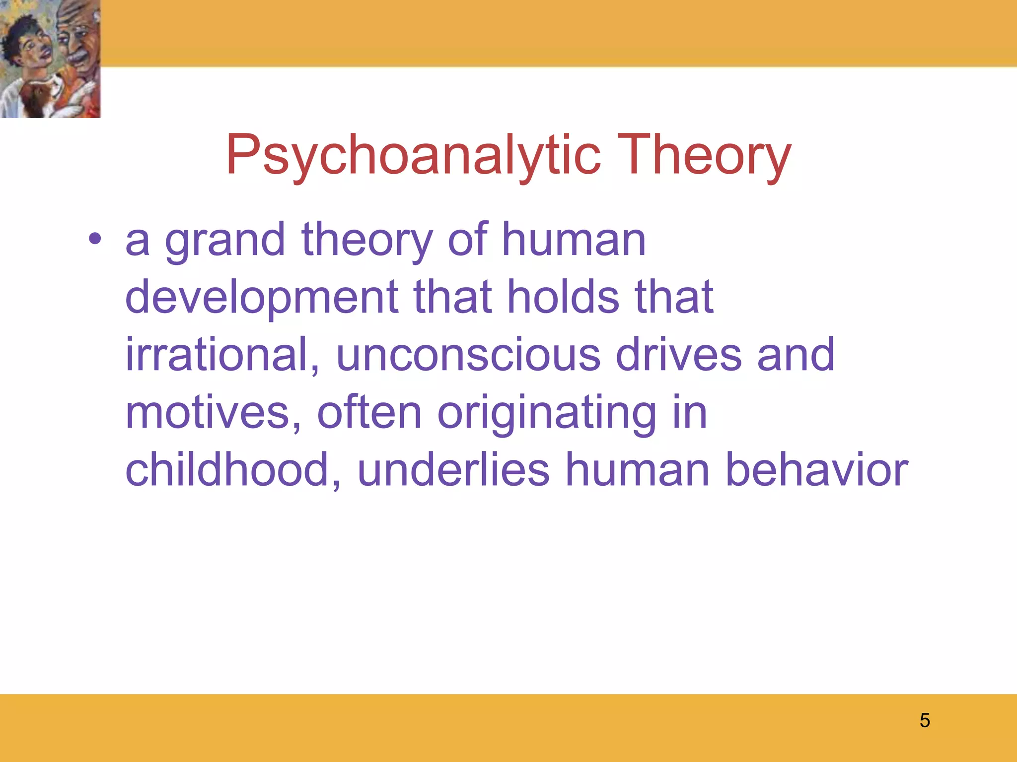 5Psychoanalytic Theorya grand theory of human development that holds that irrational, unconscious drives and motives, often originating in childhood, underlies human behavior