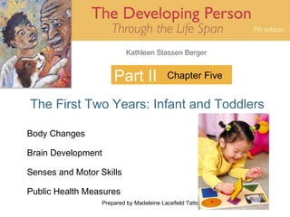 Kathleen Stassen Berger


                      Part II             Chapter Five


The First Two Years: Infant and Toddlers

Body Changes

Brain Development

Senses and Motor Skills

Public Health Measures
                  Prepared by Madeleine Lacefield Tattoon, M.A.   1
 