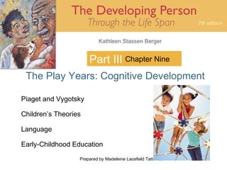 Prepared by Madeleine Lacefield Tattoon, M.A. 1
Kathleen Stassen Berger
Part III
The Play Years: Cognitive Development
Chapter Nine
Piaget and Vygotsky
Children’s Theories
Language
Early-Childhood Education
 