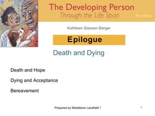 Kathleen Stassen Berger


                           Epilogue
                 Death and Dying

Death and Hope

Dying and Acceptance

Bereavement


                  Prepared by Madeleine Lacefield Tattoon, M.A.   1
 