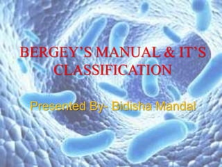 BERGEY’S MANUAL & IT’S
CLASSIFICATION
Presented By- Bidisha Mandal
 