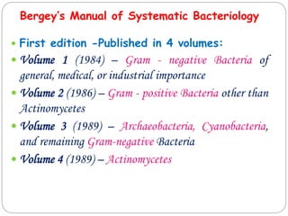 Bergey’s Manual of Systematic Bacteriology
 First edition -Published in 4 volumes:
 Volume 1 (1984) – Gram - negative Bacteria of
general, medical, or industrial importance
 Volume 2 (1986) – Gram - positive Bacteria other than
Actinomycetes
 Volume 3 (1989) – Archaeobacteria, Cyanobacteria,
and remaining Gram-negative Bacteria
 Volume 4 (1989) – Actinomycetes
 
