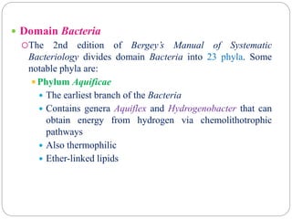  Domain Bacteria
The 2nd edition of Bergey’s Manual of Systematic
Bacteriology divides domain Bacteria into 23 phyla. Some
notable phyla are:
Phylum Aquificae
 The earliest branch of the Bacteria
 Contains genera Aquiflex and Hydrogenobacter that can
obtain energy from hydrogen via chemolithotrophic
pathways
 Also thermophilic
 Ether-linked lipids
 