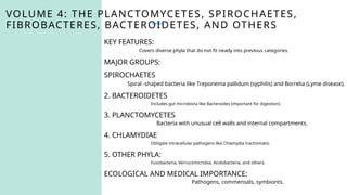 VOLUME 4: THE PLANCTOMYCETES, SPIROCHAETES,
FIBROBACTERES, BACTEROIDETES, AND OTHERS
KEY FEATURES:
Covers diverse phyla that do not fit neatly into previous categories.
MAJOR GROUPS:
SPIROCHAETES
Spiral -shaped bacteria like Treponema pallidum (syphilis) and Borrelia (Lyme disease).
2. BACTEROIDETES
Includes gut microbiota like Bacteroides (important for digestion).
3. PLANCTOMYCETES
Bacteria with unusual cell walls and internal compartments.
4. CHLAMYDIAE
Obligate intracellular pathogens like Chlamydia trachomatis.
5. OTHER PHYLA:
Fusobacteria, Verrucomicrobia, Acidobacteria, and others.
ECOLOGICAL AND MEDICAL IMPORTANCE:
Pathogens, commensals, symbionts.
 