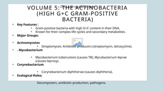 Click icon to add picture
VOLUME 5: THE ACTINOBACTERIA
(HIGH G+C GRAM-POSITIVE
BACTERIA)
• Key Features :
• Gram-positive bacteria with high G+C content in their DNA.
• Known for their complex life cycles and secondary metabolites.
• Major Groups:
• Actinomycetes
• Streptomyces: Antibiotic producers (streptomycin, tetracycline).
• . Mycobacterium
• Mycobacterium tuberculosis (causes TB), Mycobacterium leprae
(causes leprosy).
• Corynebacterium
• Corynebacterium diphtheriae (causes diphtheria).
• Ecological Roles;
Decomposers, antibiotic production, pathogens.
 