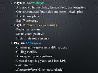 2. Phylum Thermotogae
Anaerobic, thermophilic, fermentative, gram-negative
Contains unusual fatty acids and ether linked lipids
Also thermophilic
E.g. Thermotoga
3. Phylum Deinococcus-Thermus
Radiation resistant
Stains Gram-positive
High carotenoid contents
4. Phylum Chloroflexi
Gram negative green nonsulfur bacteria
Gliding motility
Anoxygenic photosynthesis
Unusual peptidoglycans and lack LPS
Chloroflexus,
Herpetosiphon (Nonphotosynthetic)
 