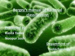 Bergey’s manual of bacterial
classification
Presented by:
Kanta Yadav
Noopur Joshi
Department of:
Biotechnology
 