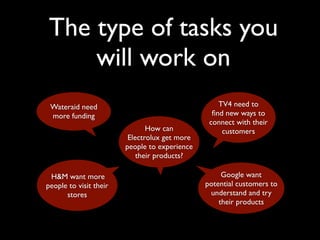 The type of tasks you
    will work on
 Wateraid need                                     TV4 need to
 more funding                                    ﬁnd new ways to
                                                connect with their
                               How can              customers
                         Electrolux get more
                        people to experience
                            their products?

 H&M want more                                      Google want
people to visit their                          potential customers to
      stores                                    understand and try
                                                   their products
 