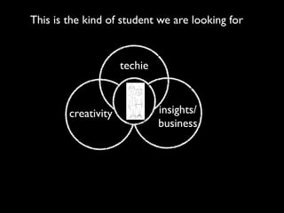 This is the kind of student we are looking for


                     techie



        creativity                         insights/
                      Strateg
                      Kreatör
                                Kreatör!
                                Strateg!
                                           business
 