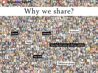 Why we share?

                                                        Snabbast
Smart                      Känslig



        Rolig
                                     Visa sig mer som en del av världen




                Har koll


                                            Tillhöra en grupp
 