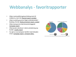 Webbanalys - favoritrapporter
•   Vilken marknadsföringskanal bidrog mest till
    intäkterna, över tid: Channel report, trended.
•   Vilket innehåll genererar högst snittordervärde? .
    Budskap, format. Medium/content report, ranked.
•   Vilken kampanj har bäst konverteringsgrad:
    Campaign report.
•   Vilka kanaler attraherar i störst utsträckning nya
    kunder: Loyalty report
•   Hur går en viss kampanj? Jämfört med månaden
    innan: Campaign report - Compare dates.
 