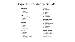 BERGHS SCHOOL OF COMMUNICATION
Skapa rätt struktur på din sida…
Metadata
•  Relevant
•  Sökord
•  Geograﬁskt
URL
•  Relevant/Vänlig
•  Sökord
•  Meta
Sidtitlar
•  Relevanta
•  Sökord
•  Meta
•  Geograﬁskt
Rubriker
•  Relevanta
•  Sökord
•  Meta
•  Viktade (h1, h2, h3)
•  Geograﬁskt
45
Texter
•  Relevanta
•  Levande
•  Sökord
•  Meta
•  Densitet
•  Geograﬁskt
Bilder & Filmer
•  Relevanta
•  Sökord
•  Taggning (alt text)
•  Geograﬁskt
•  Inbäddning
•  Delning
Sociala medier
•  Engagemang
•  Sharing is caring
Google vänlig
 