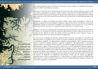 Así, en general, pareciera que las estructuras terminales no fueran similares a la totalidad. Ni las hojas se
parecen al árbol ni los alvéolos a la vía aérea.
Pero esto no es del todo cierto. Si profundizamos en la estructura de un bosque podemos concluir, y esto
es un hecho sorprendente que llevaron a cabo científicos asesorados por el propio Mandelbrot, que un
árbol lleva toda la información del bosque del que procede, al igual que en una hoja podría estar también
toda la información del árbol al que pertenece. No hay más que encontrar la escala adecuada para medir
este hecho.
Actualmente se utilizan los fractales para diseñar árboles, nubes, células cancerígenas, moléculas de
proteínas, la expansión de enfermedades contagiosas, el agrietamiento de los materiales de construcción,
propiedades fractales en la formación de tejidos de los pulmones y de los huesos, etc., la cual facilita su
estudio para intentar acercarnos a su comportamiento y evolución en su estado natural.
Asimismo, se emplean en el examen del movimiento browniano (movimiento caótico de las moléculas en
los fluidos) y en el análisis de la dinámica económica (para describir los altos y bajos de la economía). Los
fractales se han utilizado en crear arte, diseñar paisajes para películas y para componer música. La
geometría fractal utiliza como herramienta básica los algoritmos.
En el terreno de la Biología, por ejemplo, podemos hacer referencia a las reglas de crecimiento del
filamento celular. Si suponemos que una célula en estado A, al dividirse, generará una célula en estado A
y una célula en estado B, y lo representamos mediante la terminología A = AB. Y suponemos que una
célula en estado B, al dividirse, generará el siguiente resultado: B = BA. Obtendremos un crecimiento
como el anterior. A la condición inicial (o axioma) y al conjunto de reglas de producción (o sustitución) lo
denominamos L-system. El precursor de los L-systems fue, en cierto modo Noam Chomsky, creador de
las gramáticas de Chomsky para el estudio teórico de los lenguajes naturales. Las gramáticas de Chomskt
son un conjunto de símbolos y unas reglas de producción. Partiendo de una “frase” inicial las reglas de
producción se aplican secuencialmente: “a la cola” y de una en una. En ese momento esplendoroso de la
teoría de lenguajes formales, Lindenmayer pensó en utilizar este método para desarrollar una axiomática
del proceso de desarrollo en organismos pluricelulares. Puesto que las células se regeneran
constantemente y de forma independiente, los L-system aplican sus reglas en paralelo. En 1984 Alvy Ray
Smith utiliza los L-system como herramienta para la síntesis realista de plantas y estudia su relación con
los fractales ampliando sus posibilidades.
BERGIDUM · V ÉPOCA · Nº2
LOS FRACTALES COMO REALIDAD MULTIDISCIPLINAR: UNA PROYECCIÓN SOBRE EL ÁMBITO DE LA SANIDAD
136
Actualmente
se utilizan los
fractales para
diseñar
árboles, nubes,
células
cancerígenas
 