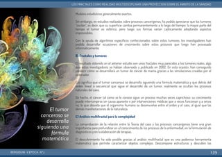 Modelos estadísticos generalmente exactos.
Sin embargo, en estudios realizados sobre procesos cancerígenos, ha podido apreciarse que los tumores
“oscilan”, es decir, que su superficie cambia permanentemente a lo largo del tiempo: la mayor parte del
tiempo el tumor es esférico, pero luego sus formas varían caóticamente adoptando aspectos
imprevisibles.
Con la ayuda de algoritmos específicos confeccionados sobre estos tumores, los investigadores han
podido desarrollar ecuaciones de crecimiento sobre estos procesos que luego han procesado
informáticamente.
B) Fractales y tumores
El resultado obtenido en el anterior estudio son unos fractales muy parecidos a los tumores reales, algo
que estos investigadores ya habían observado y publicado en 2002. En esta ocasión, han conseguido
predecir cómo se desarrollará un tumor de cáncer de mama gracias a las simulaciones creadas por el
ordenador.
Eso significa que el tumor canceroso se desarrolla siguiendo una fórmula matemática y que detrás del
orden lineal o secuencial que sigue el desarrollo de un tumor, realmente se ocultan los procesos
naturales del caos.
De hecho, el cáncer tal como se le conoce sigue un proceso muchas veces caprichoso: su crecimiento
puede interrumpirse sin causa aparente o por intervenciones médicas que a veces funcionan y a veces
no, lo que desvela que el organismo humano se desenvuelve entre el orden y el caos, al igual que las
demás manifestaciones de la naturaleza.
C) Análisis multifractal para la complejidad
La comprobación de la relación entre la Teoría del caos y los procesos cancerígenos tiene una gran
importancia para profundizar en el conocimiento de los procesos de la enfermedad, en la formulación de
diagnósticos y en la elaboración de terapias.
El descubrimiento ha sido posible gracias al análisis multifractal que es una poderosa herramienta
matemática que permite caracterizar objetos complejos. Descompone estructuras y descubre las
BERGIDUM · V ÉPOCA · Nº2
LOS FRACTALES COMO REALIDAD MULTIDISCIPLINAR: UNA PROYECCIÓN SOBRE EL ÁMBITO DE LA SANIDAD
139
El tumor
canceroso se
desarrolla
siguiendo una
fórmula
matemática
 