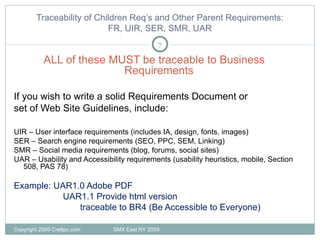 Traceability of Children Req’s and Other Parent Requirements: FR, UIR, SER, SMR, UAR ALL of these MUST be traceable to Business Requirements If you wish to write a solid Requirements Document or set of Web Site Guidelines, include: UIR – User interface requirements (includes IA, design, fonts, images) SER – Search engine requirements (SEO, PPC, SEM, Linking) SMR – Social media requirements (blog, forums, social sites) UAR – Usability and Accessibility requirements (usability heuristics, mobile, Section 508, PAS 78) Example: UAR1.0 Adobe PDF UAR1.1 Provide html version traceable to BR4 (Be Accessible to Everyone) Copyright 2009 Cre8pc.com  SMX East NY 2009 