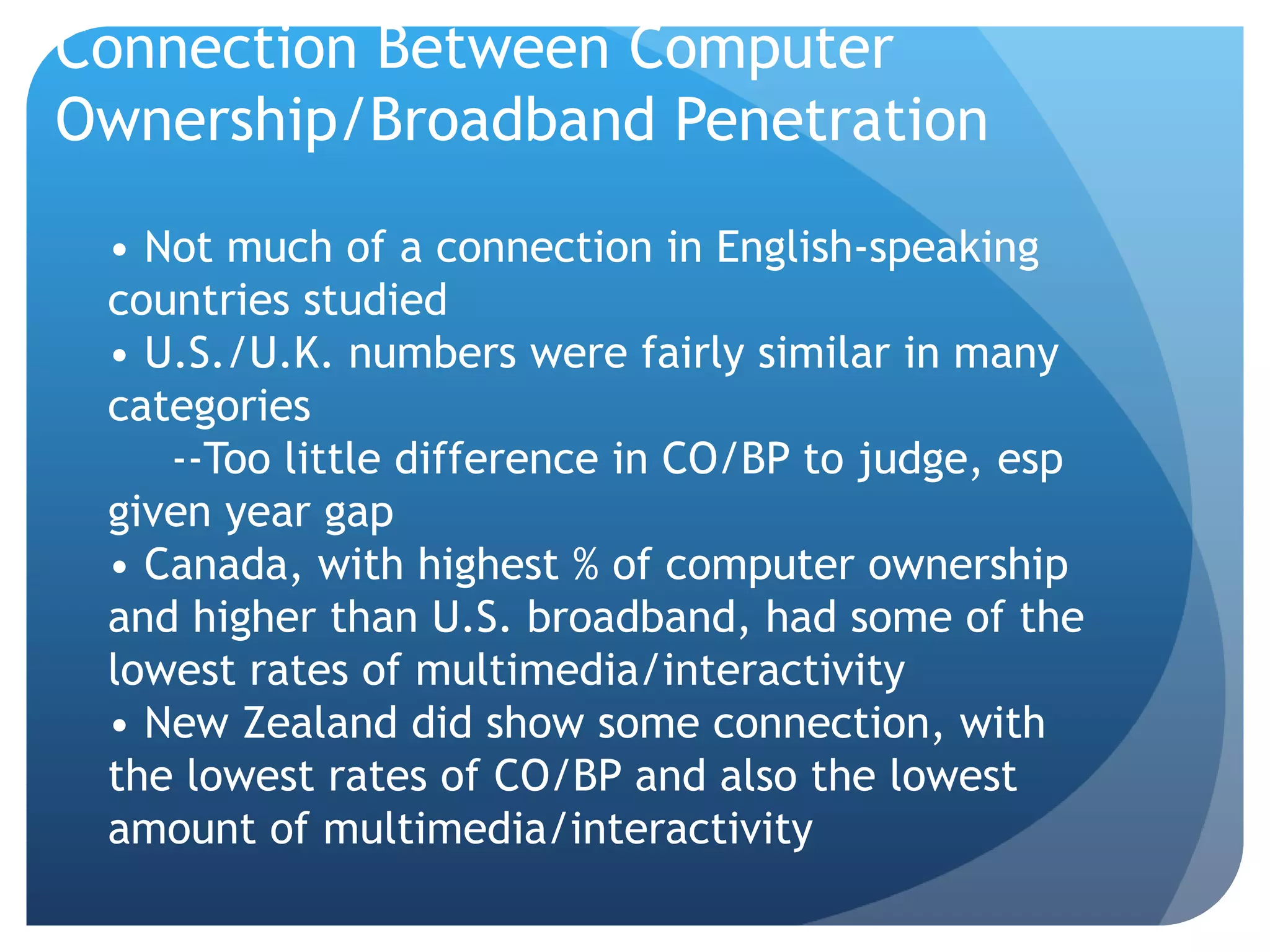 Connection Between Computer
Ownership/Broadband Penetration
• Not much of a connection in English-speaking
countries studied
• U.S./U.K. numbers were fairly similar in many
categories
--Too little difference in CO/BP to judge, esp
given year gap
• Canada, with highest % of computer ownership
and higher than U.S. broadband, had some of the
lowest rates of multimedia/interactivity
• New Zealand did show some connection, with
the lowest rates of CO/BP and also the lowest
amount of multimedia/interactivity
 