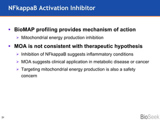 NFkappaB Activation Inhibitor BioMAP profiling provides mechanism of action Mitochondrial energy production inhibition MOA is not consistent with therapeutic hypothesis Inhibition of NFkappaB suggests inflammatory conditions MOA suggests clinical application in metabolic disease or cancer Targeting mitochondrial energy production is also a safety concern 