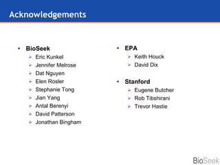 Acknowledgements BioSeek  Eric Kunkel Jennifer Melrose Dat Nguyen Elen Rosler Stephanie Tong Jian Yang Antal Berenyi David Patterson Jonathan Bingham EPA Keith Houck David Dix Stanford Eugene Butcher Rob Tibshirani Trevor Hastie 