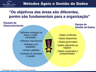 Métodos Ágeis e Gestão de Dados

           “Os objetivos das áreas são diferentes,
           porém são fundamentais para a organização”
  Equipes de
                                                                           Equipe de
  Desenvolvimento
                                                                           Gestão de Dados

                           - Software entregue no
                                prazo e custo              - Dados confiáveis
                                 contratado               - Dados disponíveis
                           - Software manutenível         - Dados governados
                                 - Software com           - Dados aderentes ao
                                    qualidade                   negócio
                              - Cliente satisfeito        - Dados conhecidos e
                           - Evolução do processo            compartilhados
                                    e equipe




© By Bergson Lopes, 2011. Todos os direitos reservados.
 