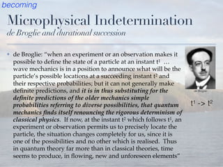 Microphysical Indetermination
de Broglie and durational succession
✤ de Broglie: “when an experiment or an observation makes it
possible to deﬁne the state of a particle at an instant t1 …
wave mechanics is in a position to announce what will be the
particle’s possible locations at a succeeding instant t2 and
their respective probabilities; but it can not generally make
deﬁnite predictions, and it is in thus substituting for the
deﬁnite predictions of the older mechanics simple
probabilities referring to diverse possibilities, that quantum
mechanics ﬁnds itself renouncing the rigorous determinism of
classical physics. If now, at the instant t2 which follows t1, an
experiment or observation permits us to precisely locate the
particle, the situation changes completely for us, since it is
one of the possibilities and no other which is realised. Thus
in quantum theory far more than in classical theories, time
seems to produce, in ﬂowing, new and unforeseen elements”
de Broglie
becoming
t1 -> t2
 
