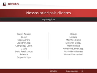 Clique para editar o estilo do título mestre
        Nossos principais clientes
                        Agronegócio




   Boutin Adubos                                   I.Riede
        Cocari                                     Lavoura
    Coop.Agrária                              Moinhos Globo
   Copagra Coop.                              Moinhos Iguaçu
  Cotriguaçú Coop.                             Molino Rosso
        C-Vale                             Nova Produtiva Coop.
  Delta Fertilizantes                       Piratini Fertilizantes
       Frimesa                              Usinas Vale do Ivaí
   Grupo Fertipar




                               23/3/2012      Bergus Seguradora   12
 