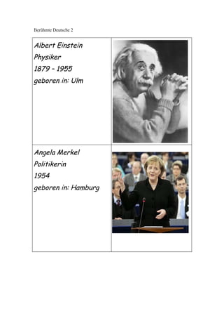 Berühmte Deutsche 2


Albert Einstein
Physiker
1879 – 1955
geboren in: Ulm




Angela Merkel
Politikerin
1954
geboren in: Hamburg
 