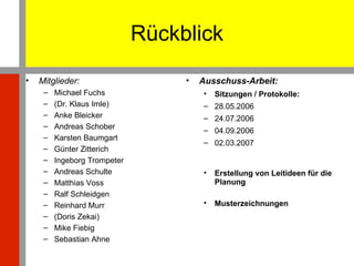Rückblick Mitglieder: Michael Fuchs (Dr. Klaus Imle) Anke Bleicker Andreas Schober Karsten Baumgart Günter Zitterich Ingeborg Trompeter Andreas Schulte Matthias Voss Ralf Schleidgen Reinhard Murr (Doris Zekai) Mike Fiebig Sebastian Ahne Ausschuss-Arbeit: Sitzungen / Protokolle: 28.05.2006 24.07.2006 04.09.2006 02.03.2007 Erstellung von Leitideen für die Planung Musterzeichnungen 
