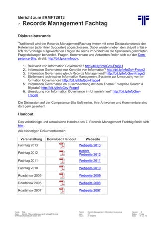 Bericht zum #RMFT2013
7.

Records Management Fachtag

Diskussionsrunde
Traditionell wird der Records Management Fachtag immer mit einer Diskussionsrunde der
Referenten (oder ihrer Supporter) abgeschlossen. Dabei wurden neben den aktuell anlässlich der Vorträge aufgeworfenen Fragen die sechs im Vorfeld an die Sponsoren gerichteten
Fragestellungen behandelt. Fragen, Kommentare und Antworten finden sich auf der Competence-Site, direkt: http://bit.ly/cs-infogov.
1.
2.
3.
4.

Relevanz von Information Governance? http://bit.ly/InfoGov-Frage1
Information Governance nur Kontrolle von Information? http://bit.ly/InfoGov-Frage2
Information Governance gleich Records Management? http://bit.ly/InfoGov-Frage3
Stellenwert technischer Information Management Systeme zur Umsetzung von Information Governance? http://bit.ly/InfoGov-Frage4
5. Information Governance im Zusammenhang mit dem Thema Enterprise Search &
Bigdata? http://bit.ly/InfoGov-Frage5
6. Umsetzung von Information Governance im Unternehmen? http://bit.ly/InfoGovFrage6
Die Diskussion auf der Competence-Site läuft weiter. Ihre Antworten und Kommentare sind
dort gern gesehen!

Handout
Das vollständige und aktualisierte Handout des 7. Records Management Fachtag findet sich
hier.
Alle bisherigen Dokumentationen:
Veranstaltung

Download Handout

Webseite

Fachtag 2013

Webseite 2013

Fachtag 2012

Bericht
Webseite 2012

Fachtag 2011

Webseite 2011

Fachtag 2010

Webseite 2010

Roadshow 2009

Webseite 2009

Roadshow 2008

Webseite 2008

Roadshow 2007

Webseite 2007

Kunde: Web
Datei:
Bericht_7.RecordsManagementFachtag2013.docx
© PROJECT CONSULT GmbH 2013

Thema:
Autor:
Datum:

Records Management | Information Governance
Kff
27.12.2013

Version:
Status:
Seite:

1.0
Fertig
10 von 13

 
