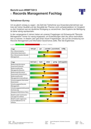 Bericht zum #RMFT2013
7.

Records Management Fachtag

Teilnehmer-Survey
Um es gleich vorweg zu sagen - die Zahl der Teilnehmer aus Anwenderunternehmen war
trotz der hohen Qualität und der Aktualität der Themen nicht zufriedenstellend. Im Vergleich
zu den Vorjahren war ein deutlicher Rückgang zu verzeichnen. Das Ergebnis der Befragung
ist daher wenig repräsentativ.
In den vergangenen 6 Jahren haben wir unseren Fragebogen mit Schwerpunkt "Records
Management" immer nur wenig angepasst, um Entwicklungen über die Jahre nachvollziehen zu können. In diesem Jahr gab einen neuen Fragenbogen, der auf die Umsetzung von
Records Management und Information Governance zielte. Hier die Ergebnisse:
[Legende: Sehr gut = 5 Punkte, mäßig/nicht gegeben = 1 Punkt, keine Antwort = 0 Punkte]

Kunde: Web
Datei:
Bericht_7.RecordsManagementFachtag2013.docx
© PROJECT CONSULT GmbH 2013

Thema:
Autor:
Datum:

Records Management | Information Governance
Kff
27.12.2013

Version:
Status:
Seite:

1.0
Fertig
11 von 13

 