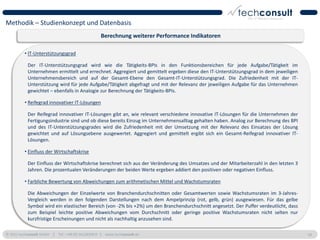 Methodik – Studienkonzept und Datenbasis
                                                  Berechnung weiterer Performance Indikatoren

          • IT-Unterstützungsgrad

           Der IT-Unterstützungsgrad wird wie die Tätigkeits-BPIs in den Funktionsbereichen für jede Aufgabe/Tätigkeit im
           Unternehmen ermittelt und errechnet. Aggregiert und gemittelt ergeben diese den IT-Unterstützungsgrad in dem jeweiligen
           Unternehmensbereich und auf der Gesamt-Ebene den Gesamt-IT-Unterstützungsgrad. Die Zufriedenheit mit der IT-
           Unterstützung wird für jede Aufgabe/Tätigkeit abgefragt und mit der Relevanz der jeweiligen Aufgabe für das Unternehmen
           gewichtet – ebenfalls in Analogie zur Berechnung der Tätigkeits-BPIs.

          • Reifegrad innovativer IT-Lösungen

           Der Reifegrad innovativer IT-Lösungen gibt an, wie relevant verschiedene innovative IT-Lösungen für die Unternehmen der
           Fertigungsindustrie sind und ob diese bereits Einzug im Unternehmensalltag gehalten haben. Analog zur Berechnung des BPI
           und des IT-Unterstützungsgrades wird die Zufriedenheit mit der Umsetzung mit der Relevanz des Einsatzes der Lösung
           gewichtet und auf Lösungsebene ausgewertet. Aggregiert und gemittelt ergibt sich ein Gesamt-Reifegrad innovativer IT-
           Lösungen.

          • Einfluss der Wirtschaftskrise

           Der Einfluss der Wirtschaftskrise berechnet sich aus der Veränderung des Umsatzes und der Mitarbeiterzahl in den letzten 3
           Jahren. Die prozentualen Veränderungen der beiden Werte ergeben addiert den positiven oder negativen Einfluss.

          • Farbliche Bewertung von Abweichungen zum arithmetischen Mittel und Wachstumsraten

           Die Abweichungen der Einzelwerte von Branchendurchschnitten oder Gesamtwerten sowie Wachstumsraten im 3-Jahres-
           Vergleich werden in den folgenden Darstellungen nach dem Ampelprinzip (rot, gelb, grün) ausgewiesen. Für das gelbe
           Symbol wird ein elastischer Bereich (von -2% bis +2%) um den Branchendurchschnitt angesetzt. Der Puffer verdeutlicht, dass
           zum Beispiel leichte positive Abweichungen vom Durchschnitt oder geringe positive Wachstumsraten nicht selten nur
           kurzfristige Erscheinungen und nicht als nachhaltig anzusehen sind.

© 2011 techconsult GmbH | Tel.: +49 (0) 561/8109-0 | www.techconsult.de                                                                 18
 