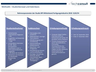 Methodik – Studienkonzept und Datenbasis

                           Rahmenparameter der Studie BPI Mittelstand Fertigungsindustrie 2010 D/A/CH




        Studienteilnehmer                     Subbranchen                   Erhebungsmethode                Erhebungszeitraum

        • Teilnehmende                        • Fahrzeugbau (inkl.
          Unternehmen insgesamt                 Zulieferer)                 • Computer Aided Telefon -      • Start 16. September 2010
          = 430                               • Elektrotechnik- und High-     interview (CATI) im           • Ende 17. Dezember 2010
        • Ausgefüllte und bewertete             Tech-Industrie                techconsult Call Center mit
          Teilbereiche                        • Metallerzeugung und –         paralleler Online-Plattform
          = 1336                                verarbeitung                • Primäre Ansprechpartner
        • Verwendbare Interviews              • Holzverarbeitung,             waren Geschäftsführer,
          für BPI (Nach                         Möbelindustrie                Controlling-
          durchlaufener                                                       Verantwortliche bzw.
                                              • Maschinen- und                Leiter Finanzen. Sofern
          Qualifikation mind. 4                 Anlagenbau
          Unternehmensbereiche                                                möglich wurden dedizierte
                                              • Herstellung von Gummi-        Ansprechpartner je
          ausgefüllt)
                                                und Kunststoffwaren           Unternehmensbereich
          = 244 (Basis der Analyse)
                                              • Sonstiges: Herstellung,       gesucht.
        • Teilnehmer mit Interesse
                                                Schmuck, Musik-
          an individueller
                                                instrumenten, Sport-
          Auswertung
                                                geräten, sonst.
          = 190
                                                 Erzeugnisse.




© 2011 techconsult GmbH | Tel.: +49 (0) 561/8109-0 | www.techconsult.de                                                                  19
 
