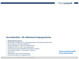 Gesamtüberblick – BPI Mittelstand Fertigungsindustrie
          •   Studienergebnisse gesamt
          •   BPI Ergebnisse für Subbranchen und Fertigungstypen nach Unternehmensbereichen
          •   BPI und weitere Performance Indikatoren
          •   Vergleich BPI Gesamt vs. BPI TOP 10 Unternehmen
          •   Vergleich BPI TOP 5 vs. LAST 5 nach Subbranchen
          •   Ländervergleich Deutschland/Österreich/Schweiz (D/A/CH)
          •   Unternehmensvergleich – International vs. National
                                                                                              Zurück zum vorherigen Kapitel
          •   Outsourcing
          •   Differenzen von BPI und IT-Unterstützung                                        Vor zum nächsten Kapitel
          •   Herausforderungen der Fertigungsindustrie
© 2011 techconsult GmbH | Tel.: +49 (0) 561/8109-0 | www.techconsult.de                                                       24
 