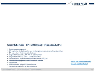 Gesamtüberblick – BPI Mittelstand Fertigungsindustrie
          •   Studienergebnisse gesamt
          •   BPI Ergebnisse für Subbranchen und Fertigungstypen nach Unternehmensbereichen
          •   BPI und weitere Performance Indikatoren
          •   Vergleich BPI Gesamt vs. BPI TOP 10 Unternehmen
          •   Vergleich BPI TOP 5 vs. LAST 5 nach Subbranchen
          •   Ländervergleich Deutschland/Österreich/Schweiz (D/A/CH)
          •   Unternehmensvergleich – International vs. National
                                                                                              Zurück zum vorherigen Kapitel
          •   Outsourcing
          •   Differenzen von BPI und IT-Unterstützung                                        Vor zum nächsten Kapitel
          •   Herausforderungen der Fertigungsindustrie
© 2011 techconsult GmbH | Tel.: +49 (0) 561/8109-0 | www.techconsult.de                                                       44
 