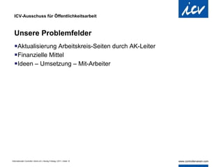 ICV-Ausschuss für Öffentlichkeitsarbeit Unsere Problemfelder Aktualisierung Arbeitskreis-Seiten durch AK-Leiter Finanzielle Mittel  Ideen – Umsetzung – Mit-Arbeiter  