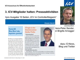 ICV-Ausschuss für Öffentlichkeitsarbeit 3. ICV-Mitglieder halten: Presseaktivitäten  pro Ausgabe 10 Seiten „ICV im ControllerMagazin“ 120 Presse-Veröffentlichungen p.a. Controlling International verantwortlich:   Hans-Peter Sander,  unterstützt von Brigitte Arnegger  dazu: E-News, Blog und Twitter 