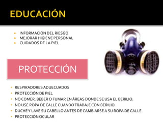 EDUCACIÓNINFORMACIÓN DEL RIESGOMEJORAR HIGIENE PERSONALCUIDADOS DE LA PIELPROTECCIÓNRESPIRADORES ADUECUADOSPROTECCIÓN DE PIELNO COMER, BEBER O FUMAR EN ÁREAS DONDE SE USA EL BERILIO.NO USE ROPA DE CALLE CUANDO TRABAJE CON BERILIO.DUCHE Y LAVE SU CABELLO ANTES DE CAMBIARSE A SU ROPA DE CALLE.PROTECCIÓN OCULAR