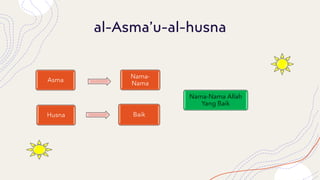 al-Asma’u-al-husna
Asma
Nama-
Nama
Husna Baik
Nama-Nama Allah
Yang Baik
 