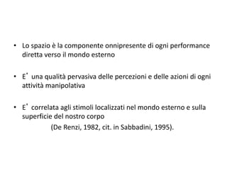 • Lo spazio è la componente onnipresente di ogni performance
diretta verso il mondo esterno
• E’ una qualità pervasiva delle percezioni e delle azioni di ogni
attività manipolativa
• E’ correlata agli stimoli localizzati nel mondo esterno e sulla
superficie del nostro corpo
(De Renzi, 1982, cit. in Sabbadini, 1995).
 