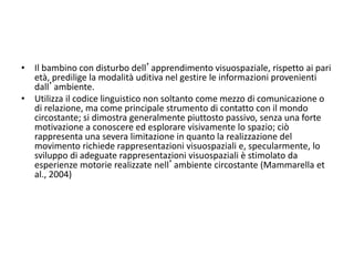 • Il bambino con disturbo dell’apprendimento visuospaziale, rispetto ai pari
età, predilige la modalità uditiva nel gestire le informazioni provenienti
dall’ambiente.
• Utilizza il codice linguistico non soltanto come mezzo di comunicazione o
di relazione, ma come principale strumento di contatto con il mondo
circostante; si dimostra generalmente piuttosto passivo, senza una forte
motivazione a conoscere ed esplorare visivamente lo spazio; ciò
rappresenta una severa limitazione in quanto la realizzazione del
movimento richiede rappresentazioni visuospaziali e, specularmente, lo
sviluppo di adeguate rappresentazioni visuospaziali è stimolato da
esperienze motorie realizzate nell’ambiente circostante (Mammarella et
al., 2004)
 