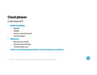 Cloud phases 
2. New Style of IT 
• Understanding: 
– Big Data 
– Mobility 
– Cloud as connection point 
– Social strategies 
• Business: 
– New business models 
– Enterprise level thinking 
– Transformation view 
• Cloud as technology helps address and solve business problems 
© Copyright 2014 Hewlett-Packard 18 Development Company, L.P. The information contained herein is subject to change without notice. 
 