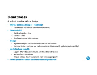 Cloud phases 
4. Make it possible – Cloud design 
• Define scale and scope - roadmap! 
– Cloud models and services with financial modelling 
• What to Build: 
– High level topology view 
– Cloud use cases 
– Decribe each phase in the roadmap 
• Design 
– High Level Design – functional architecture; functional blocks 
– Technical Design – technical and implementation architecture with product mapping and BoM 
• Architecture should: 
– Support different cloud models, i.e. private, public, hybrid cloud 
– Not limit future possibilites 
– Helps to address cloud requirements from business perspective 
• In this phase one should be able to test designed cloud! 
© Copyright 2014 Hewlett-Packard 20 Development Company, L.P. The information contained herein is subject to change without notice. 
 